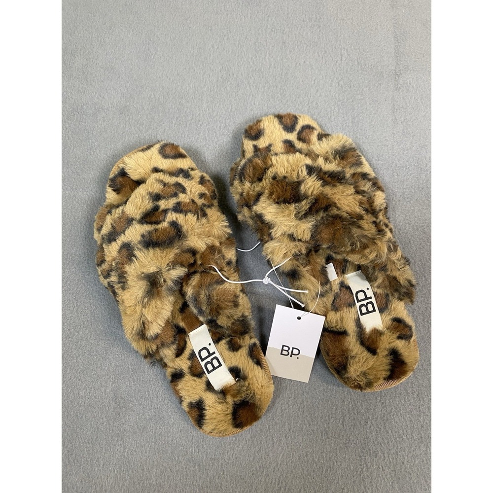 Women's BP. Sophie Criss Cross Faux Fur Slipper In Leopard Faux Fur